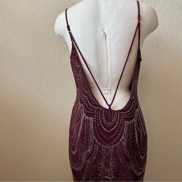 Red Burgundy and Gold Glitter Mermaid Dress Open Back - Picture 5 of 7